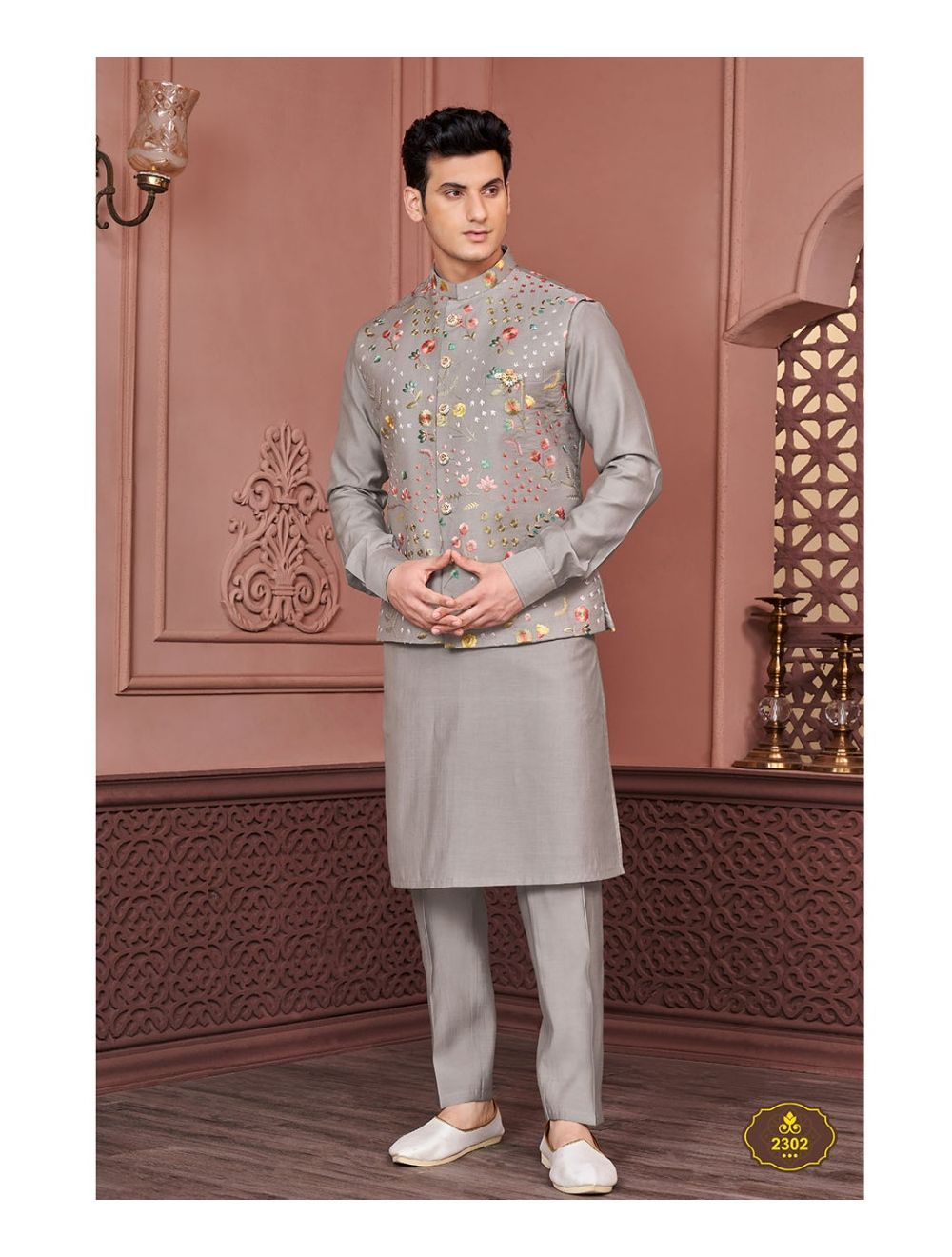 Buy Online Grey and Off White Silk Festival Kurta Payjama With Jacket :  238208 -