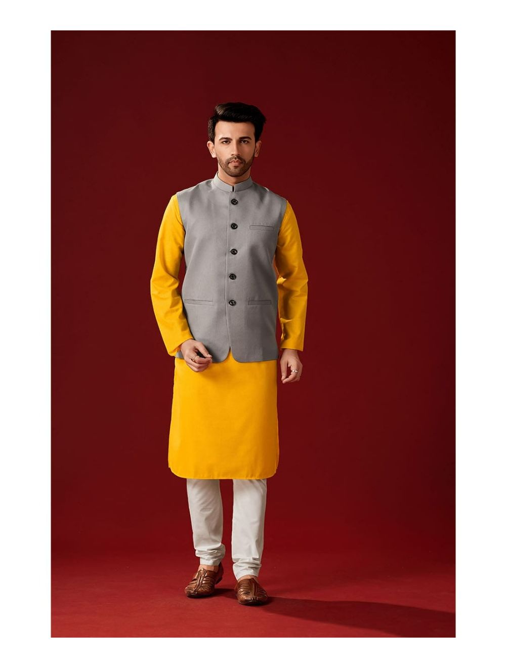 Buy Yellow Cotton Silk Embroidered Geometric Konark Jacket Kurta Set For  Men by TAJIRI Online at Aza Fashions.