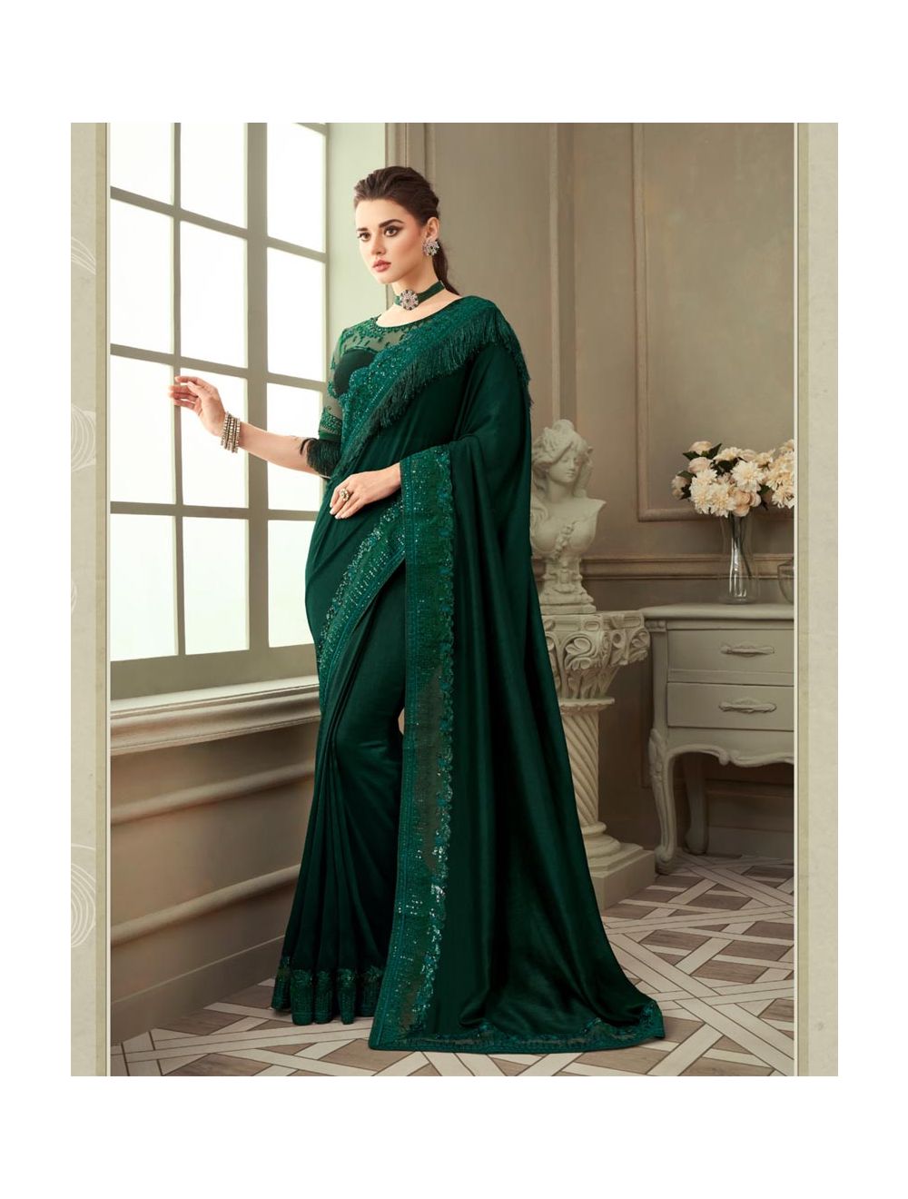 Buy Bottle Green Saree Gown With A Crepe Cowl Drape And Sheer Embroidered  Net Bodice With Colorful Resham Flowers Online - Kalki Fashion