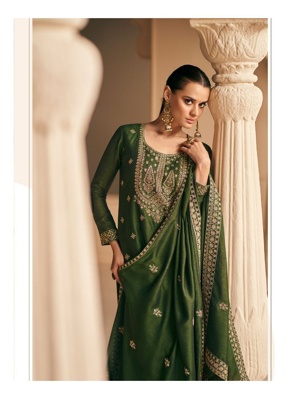 Buy a Mehendi Embroidered Churidar Palazzo Pant Style Suit