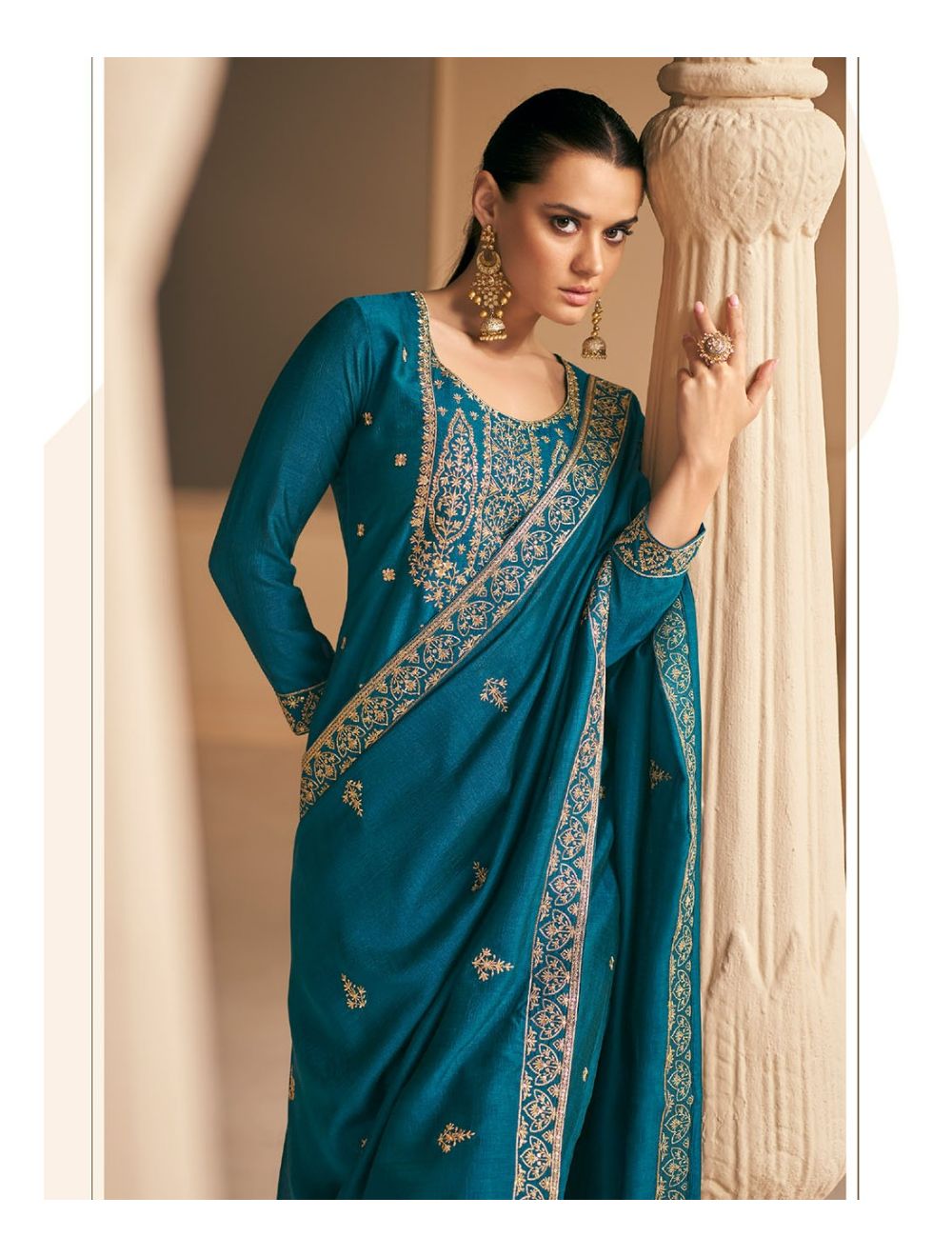 Teal Blue Embroidered Churidar Palazzo Pant Style Suit