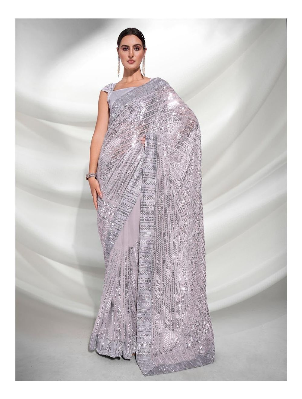 Metallic Silver Georgette Sequins Saree Set Design by Sawan Gandhi at  Pernia's Pop Up Shop 2024