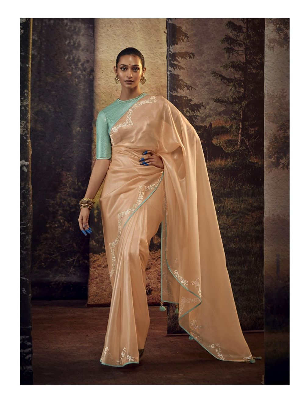 Peach Georgette Designer Saree with Banglori Silk Floral Pattern Blouse and  Thread-Zari Work | Exotic India Art