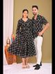 Black printed couple matching umbrella cut frock and men shirt pure cotton combo set
