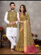 Mehendi Green Jacquard Couple Combo Set (Saree and Kurta Pajama With Jacket)