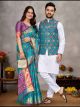 Firozi Jacquard Couple Combo Set (Saree and Kurta Pajama With Jacket)