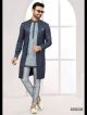 Navy Blue & Grey Galaxy Satin Jacquard Indo-Western For Men