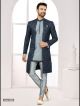 Navy Blue & Grey Galaxy Satin Jacquard Indo-Western For Men