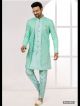 Sea Green & Off White Embroidered Indo-Western For Men