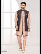 Navy Blue & Peach Galaxy Satin Jacquard Indo-Western For Men