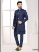 Navy Blue Embroidered Indo-Western For Men