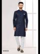 Navy Blue Galaxy Satin Jacquard Indo-Western For Men