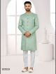 Sea Green Galaxy Satin Jacquard Indo-Western For Men