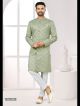 Sea Green Galaxy Satin Jacquard Indo-Western For Men