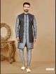 Black & Grey Galaxy Satin Jacquard Indo-Western For Men