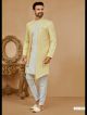 Yellow & Off White Embroidered Indo-Western For Men