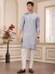Light Gray Computer Thread Work Art Silk Kurta Pajama