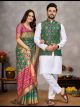 Green Jacquard Couple Combo Set (Saree and Kurta Pajama With Jacket)