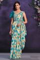 Cream and Turquoise Satin Silk Stitched Saree