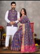Eggplant Jacquard Couple Combo Set (Saree and Kurta Pajama With Jacket)