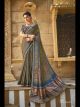 Teal Gajji Silk Printed Saree With Work