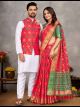 Carrot Jacquard Couple Combo Set (Saree and Kurta Pajama With Jacket)
