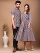 Multi printed couple matching umbrella cut frock and men shirt pure cotton combo set