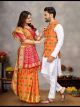 Orange Jacquard Couple Combo Set (Saree and Kurta Pajama With Jacket)