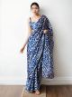 Blue Chinon Digital Printed Saree with Lace Border