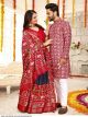 Navy Blue and Red Couple Combo Dola Silk Men Kurta and Female Lehenga Choli