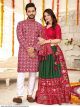 Red and Green Couple Combo Dola Silk Men Kurta and Female Lehenga Choli