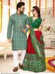 Red and Green Couple Combo Dola Silk Men Kurta and Female Lehenga Choli