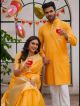 Cutie Haldi Yellow Couple Matching Dress Orgenza Silk Saree & Kurta