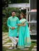 Aqua Silk Kurta and Saree Combo for Happy Couple