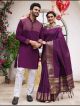 Wine Silk Kurta and Saree Combo for Happy Couple