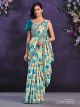 Cream and Turquoise Satin Silk Stitched Saree
