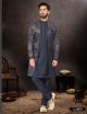 Navy Blue Digital Jacquard Indo-Western For Men