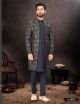 Navy Blue Croma Jacquard Indo-Western For Men