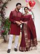 Merlin Silk Saree & Kurta with Pajama Maroon Couple Set Matching Dress