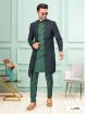 Bottle Green B Brocket Jacquard Indo-Western For Men