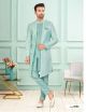 Sea Green B Brocket Jacquard Indo-Western For Men