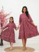 'Maroon Ditsy' Tiered Mom And Daughter Cotton Dresses