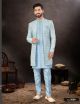 Sky Blue B Brocket Jacquard Indo-Western For Men