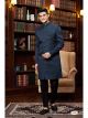 Navy Blue Imported Jacquard Silk Indo Western Sherwani