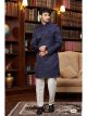 Navy Blue Imported Jacquard Silk Indo Western Sherwani