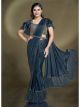 Teal blue ready-made pleated saree