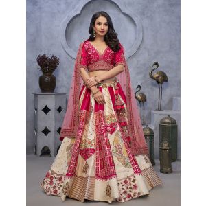 The Red and White Raw Silk Masterpiece Lehenga