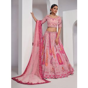 Pink Elegant Peacock and Paisley motifs rose Pink Silk color traditional lehenga choli