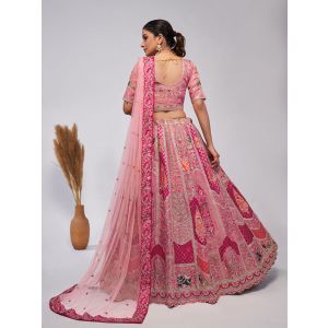 Pink Silk intricate paisley Motifs traditional embroidered wedding Lehenga.