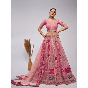 Pink Silk intricate paisley Motifs traditional embroidered wedding Lehenga.